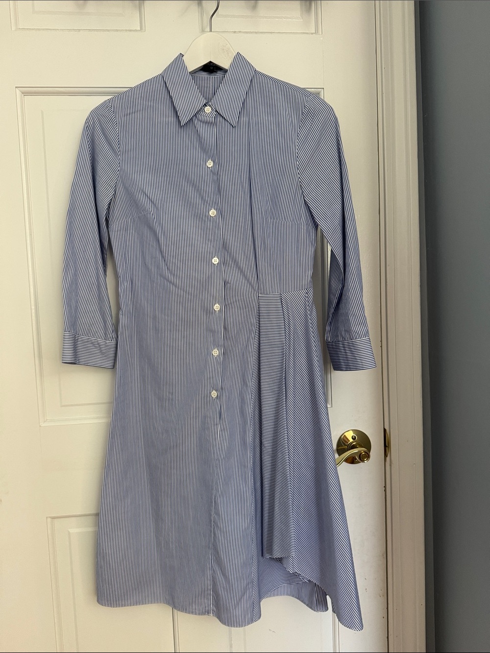 Theory Light Blue Stripe Shirt Dress with Asymmetric Pleat